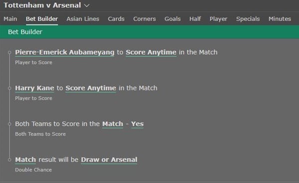 Tottenham vs Arsenal Bet Builder